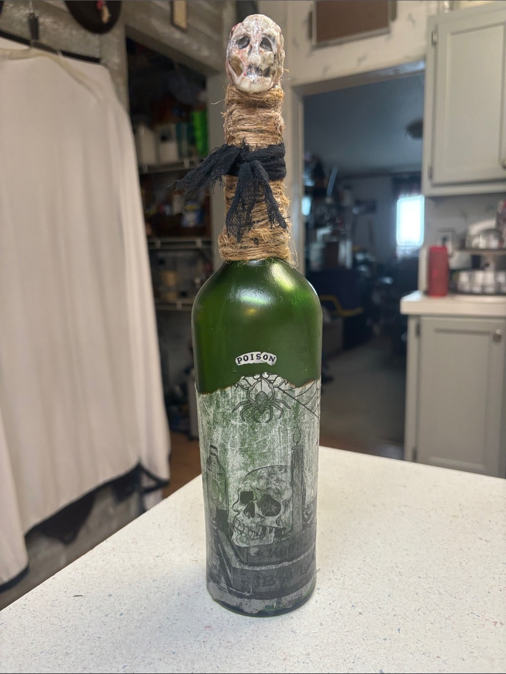 Decorative Green Poison Skull Bottle with Twine and Skull Topper